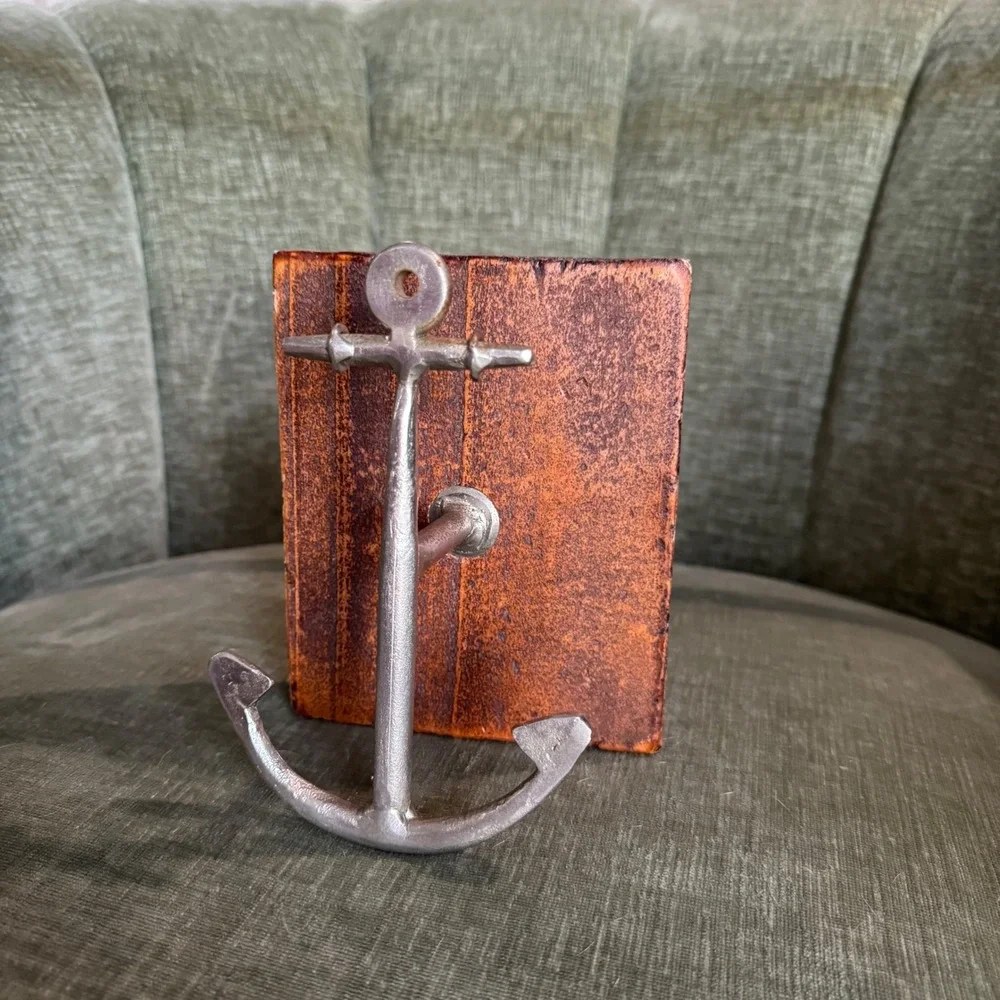 Nautical Anchor Wall Decor Silver Brown Wood Block Coastal Towel Hook Beachhouse